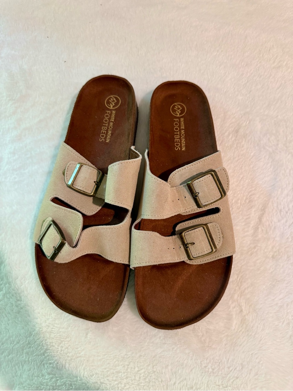 White Mountain Footbeds Beige Suede Double-Buckle Slide Sandals